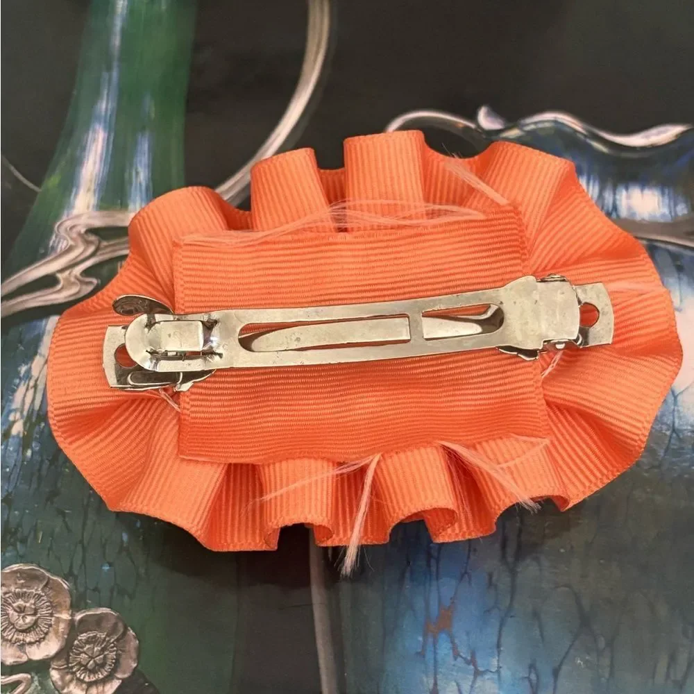 Vintage Hair Accessory Clip Barrette Orange Ruffle Ribbon 1980s 1990s